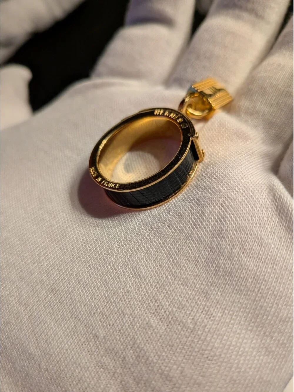 Authentic With Box! HERMES Black Kelly Scarf Ring Gold Tone Leather Charm